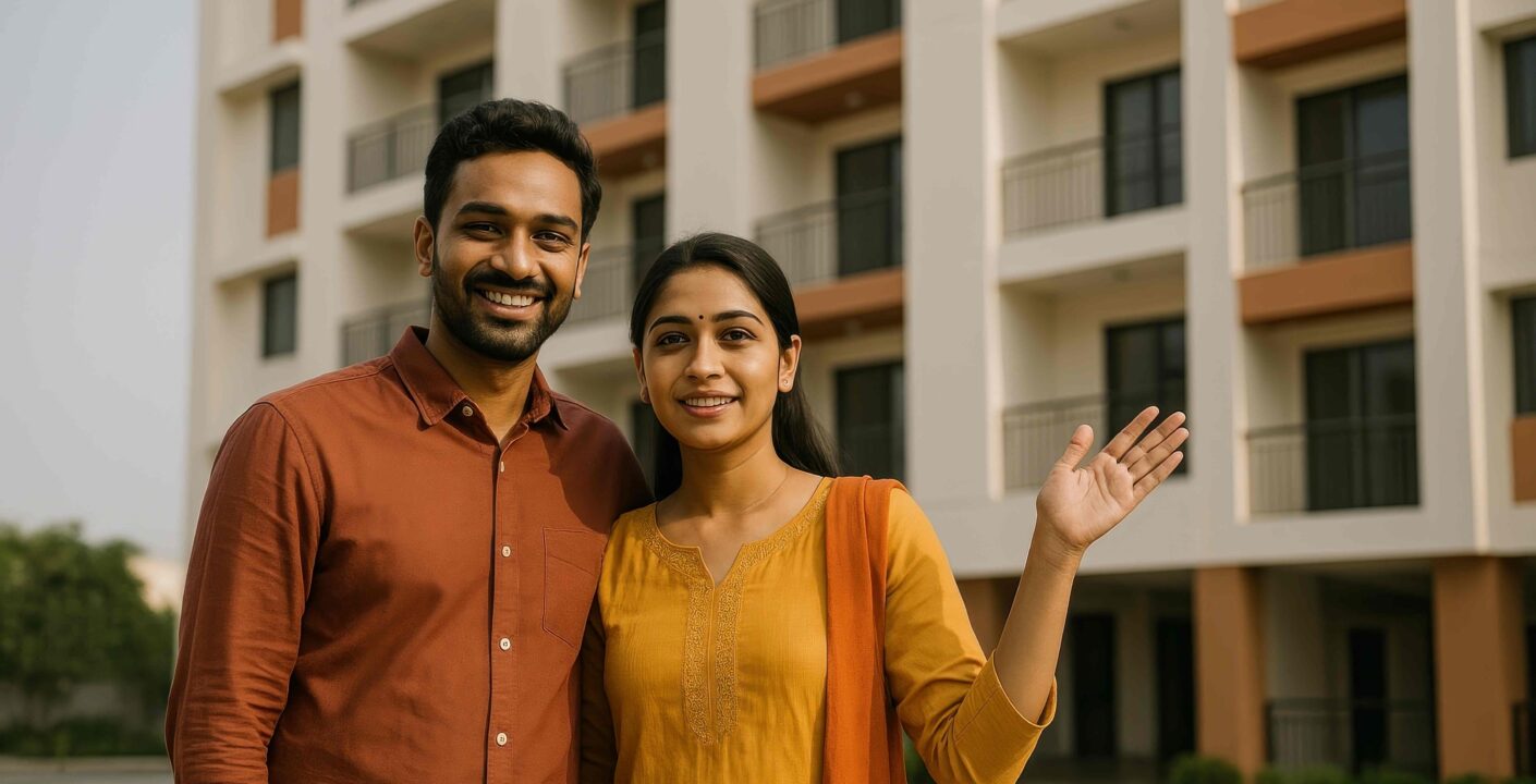 happy couple outside new apartment
