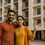 happy couple outside new apartment