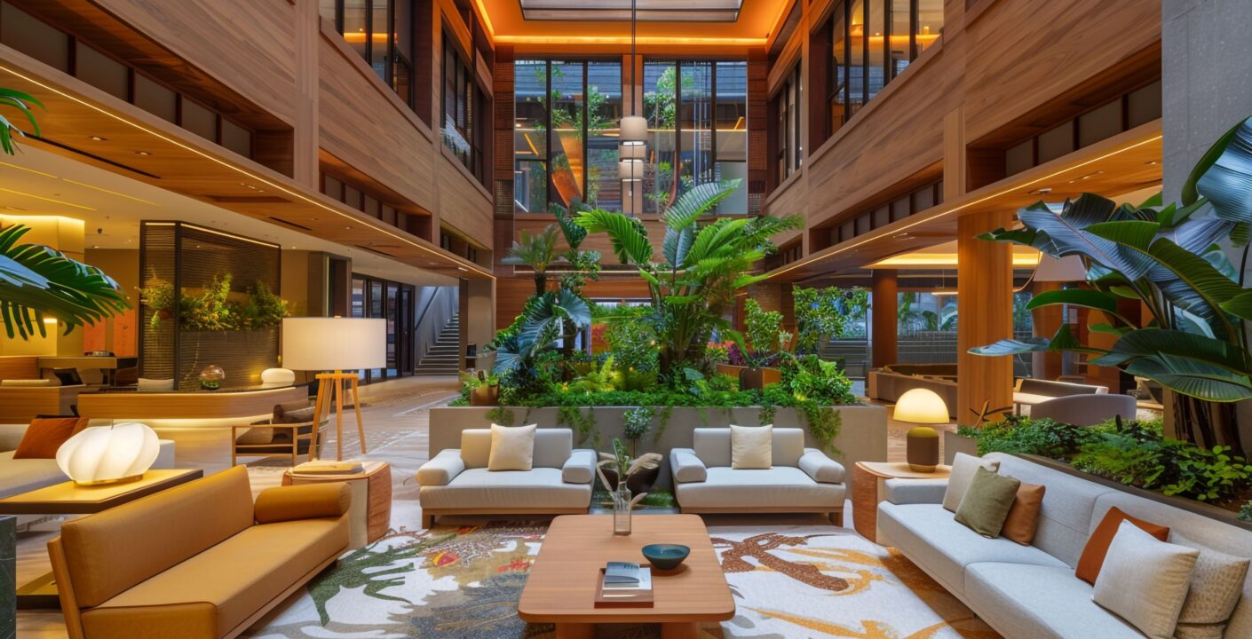 hotel lobby featuring botanical garden with natural wood accents sustainable design