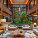 hotel lobby featuring botanical garden with natural wood accents sustainable design