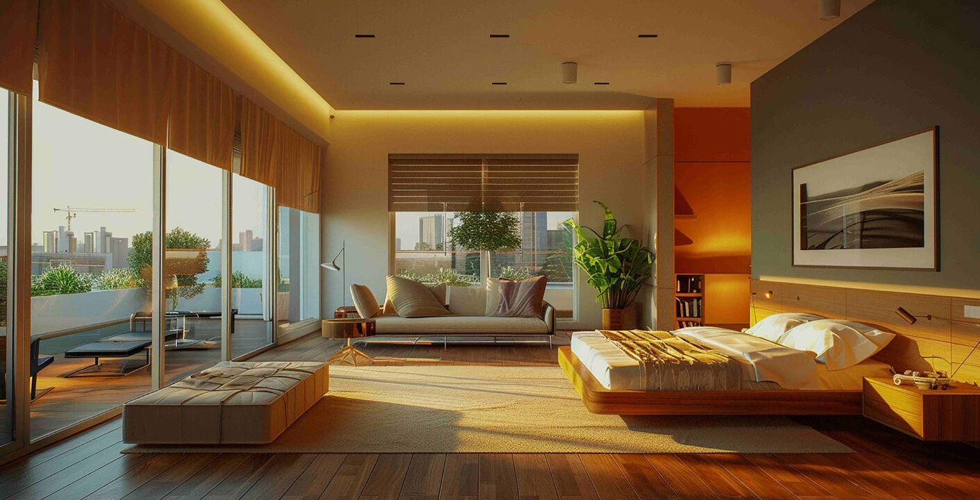room with bed sofa windows with view city