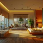 room with bed sofa windows with view city
