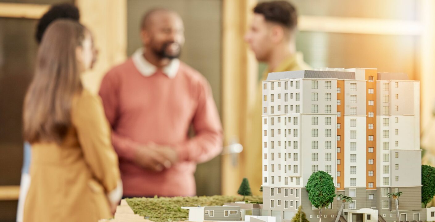 architecture team meeting city model office construction agency development strategy business people architect teamwork d prototype buildings property mock up space